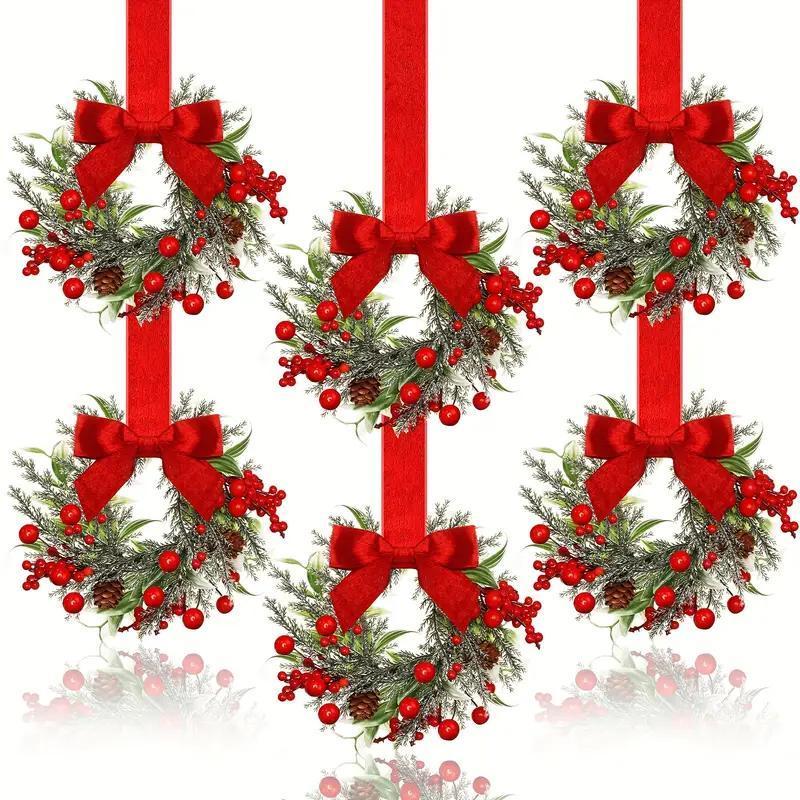 Christmas Window Wreaths with Ribbon Bows and Red Berries