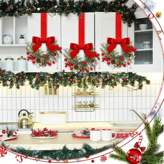 Christmas Window Wreaths with Ribbon Bows and Red Berries